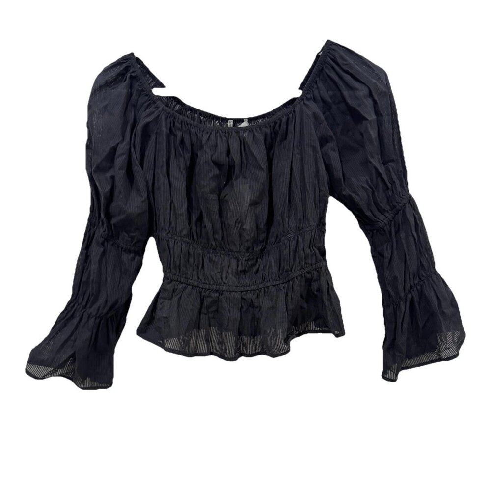 womens WAYF blouse black size medium m ruched Top Sheer Flare Long Sleeves Light